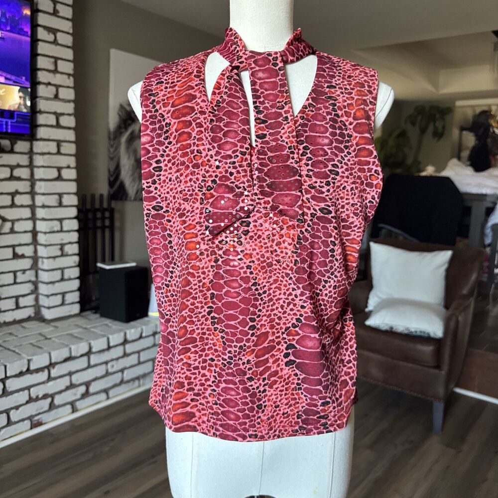 VTG Coin Pink Leopard Cheetah Print Halter Blouse Sequin Accent Top Y2K 90s